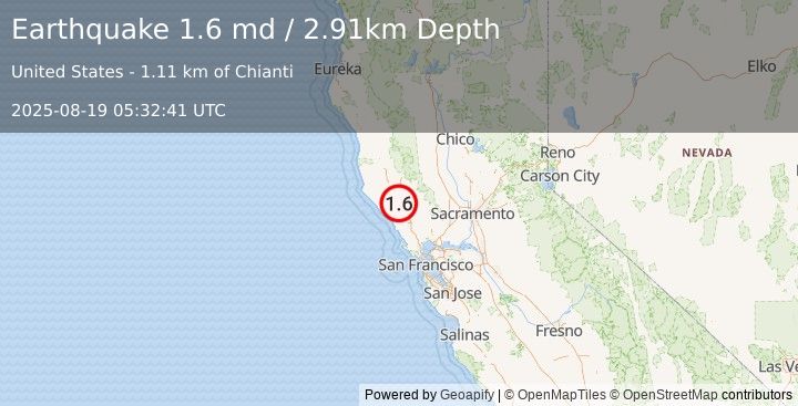 Earthquake 9 km SSE of Cloverdale, CA (1.6 md) (2025-08-19 05:32:41 UTC)