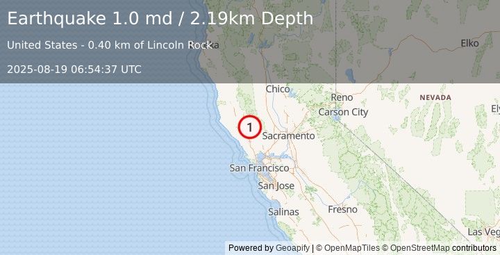 Earthquake 2 km WNW of Anderson Springs, CA (1.0 md) (2025-08-19 06:54:37 UTC)