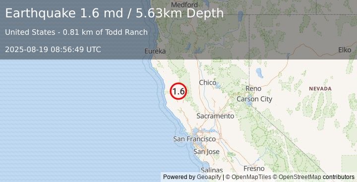 Earthquake 15 km WNW of Lake Pillsbury, CA (1.6 md) (2025-08-19 08:56:49 UTC)