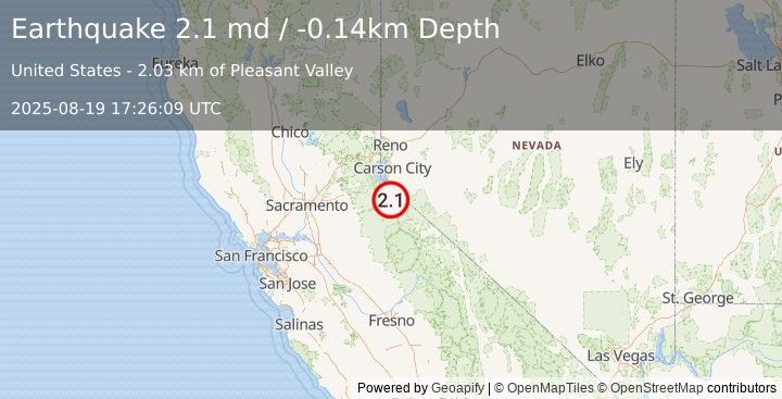 Earthquake 3 km S of Markleeville, CA (2.1 md) (2025-08-19 17:26:09 UTC)