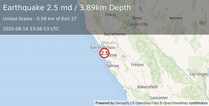 Earthquake 2 km NW of Woodside, CA (2.5 md) (2025-08-19 23:06:53 UTC)