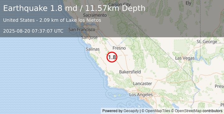 Earthquake 11 km NE of Coalinga, CA (1.8 md) (2025-08-20 07:37:07 UTC)
