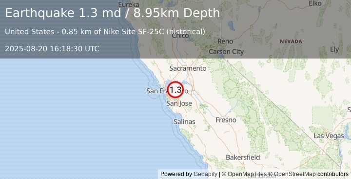 Earthquake 4 km SW of Alamo, CA (1.3 md) (2025-08-20 16:18:30 UTC)