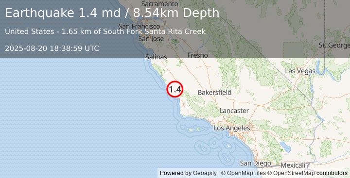 Earthquake 10 km ENE of Cayucos, CA (1.4 md) (2025-08-20 18:38:59 UTC)
