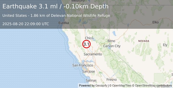 Earthquake 10 km E of Maxwell, CA (3.1 ml) (2025-08-20 22:09:00 UTC)