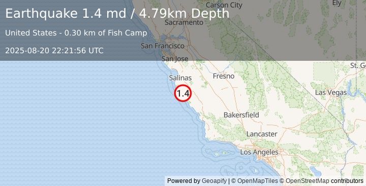 Earthquake 13 km NNE of Lopez Point, CA (1.4 md) (2025-08-20 22:21:56 UTC)