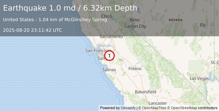 Earthquake 23 km ENE of Alum Rock, CA (1.0 md) (2025-08-20 23:11:42 UTC)