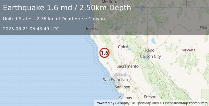 Earthquake 11 km  of Redwood Valley, CA (1.6 md) (2025-08-21 05:43:49 UTC)