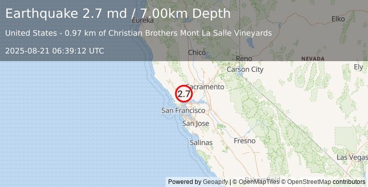 Earthquake 7 km SW of Yountville, CA (2.7 md) (2025-08-21 06:39:12 UTC)