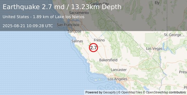 Earthquake 13 km NE of Coalinga, CA (2.7 md) (2025-08-21 10:09:28 UTC)