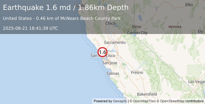 Earthquake 7 km ESE of Santa Venetia, CA (1.6 md) (2025-08-21 18:41:39 UTC)