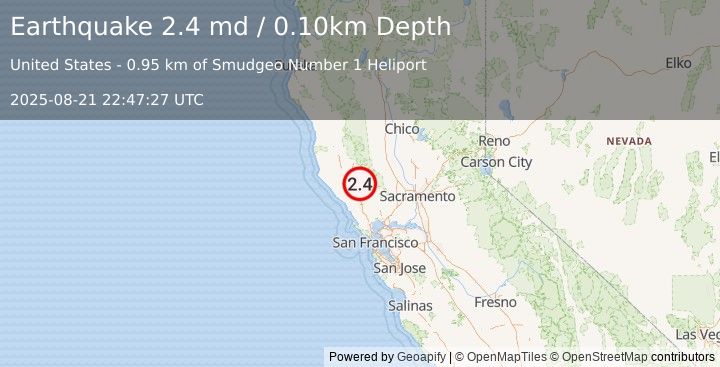 Earthquake 2 km  of The Geysers, CA (2.4 md) (2025-08-21 22:47:27 UTC)