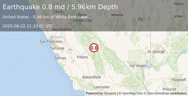 Earthquake 20 km WSW of Round Valley, CA (0.8 md) (2025-08-22 21:33:01 UTC)