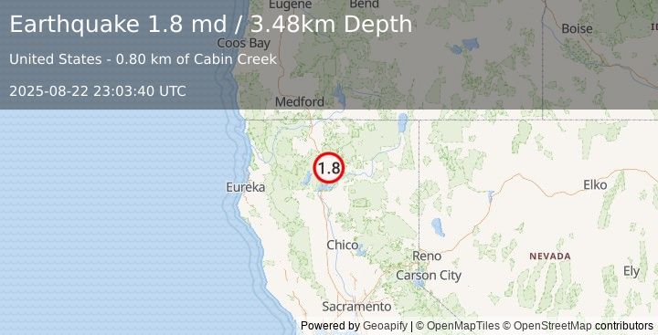 Earthquake 12 km SE of Dunsmuir, CA (1.8 md) (2025-08-22 23:03:40 UTC)