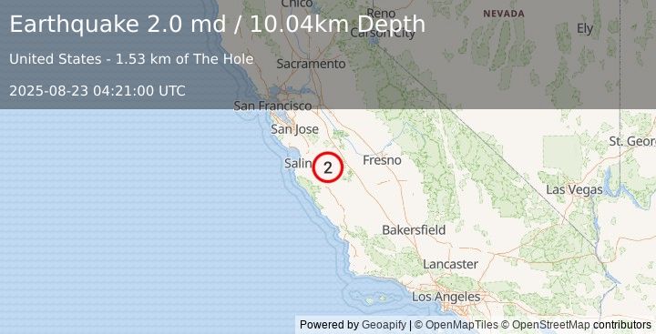 Earthquake 9 km NE of Pinnacles, CA (2.0 md) (2025-08-23 04:21:00 UTC)