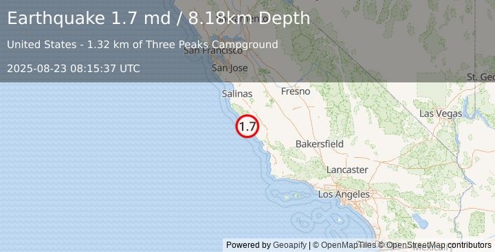 Earthquake 24 km NNW of San Simeon, CA (1.7 md) (2025-08-23 08:15:37 UTC)