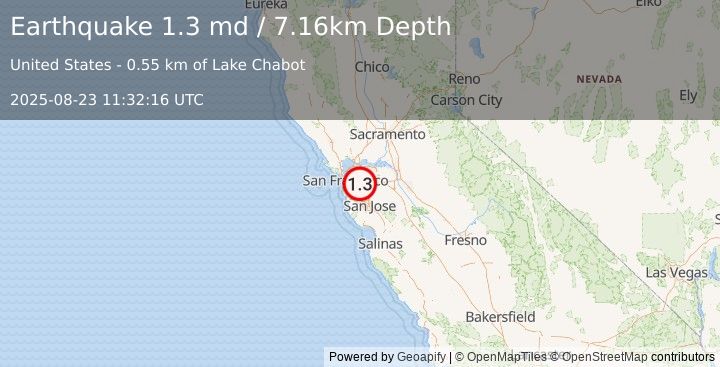 Earthquake 3 km NNW of Castro Valley, CA (1.3 md) (2025-08-23 11:32:16 UTC)