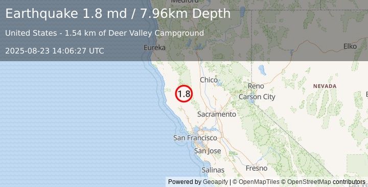 Earthquake 11 km NNE of Upper Lake, CA (1.8 md) (2025-08-23 14:06:27 UTC)