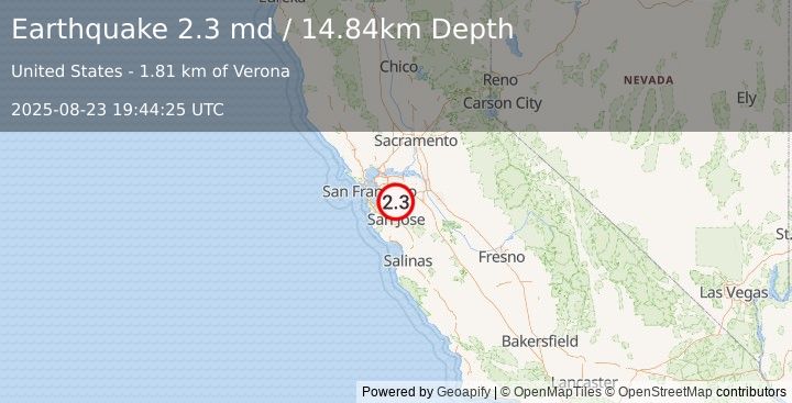 Earthquake 1 km N of Sunol, CA (2.3 md) (2025-08-23 19:44:25 UTC)