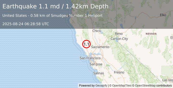 Earthquake 1 km NNW of The Geysers, CA (1.1 md) (2025-08-24 06:28:58 UTC)