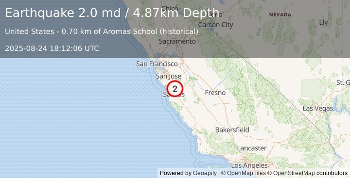 Earthquake 5 km SE of Aromas, CA (2.0 md) (2025-08-24 18:12:06 UTC)