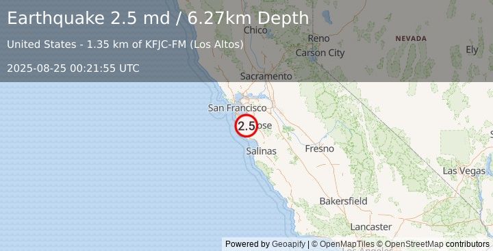 Earthquake 4 km SW of Loyola, CA (2.5 md) (2025-08-25 00:21:55 UTC)