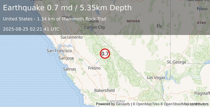 Earthquake 3 km S of Mammoth Lakes, CA (0.7 md) (2025-08-25 02:21:41 UTC)