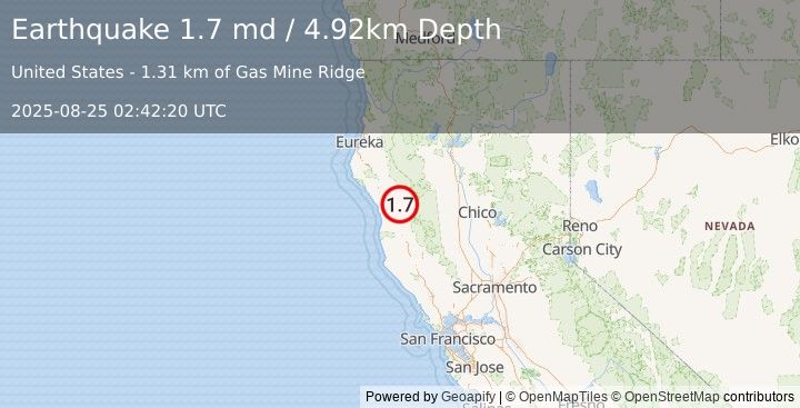 Earthquake 12 km NW of Covelo, CA (1.7 md) (2025-08-25 02:42:20 UTC)
