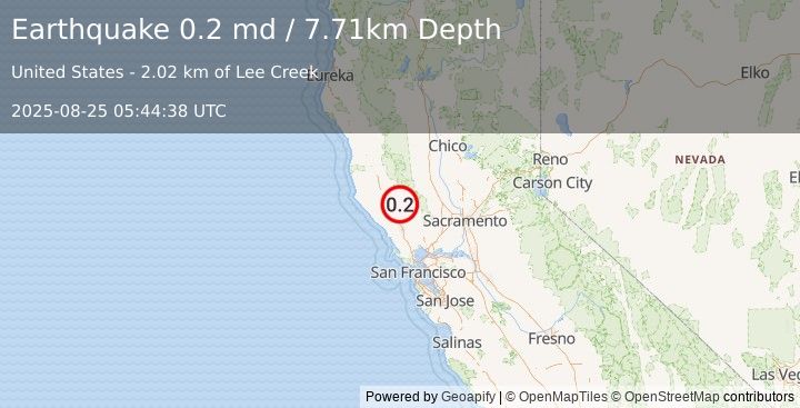Earthquake 5 km WNW of Cobb, CA (0.2 md) (2025-08-25 05:44:38 UTC)