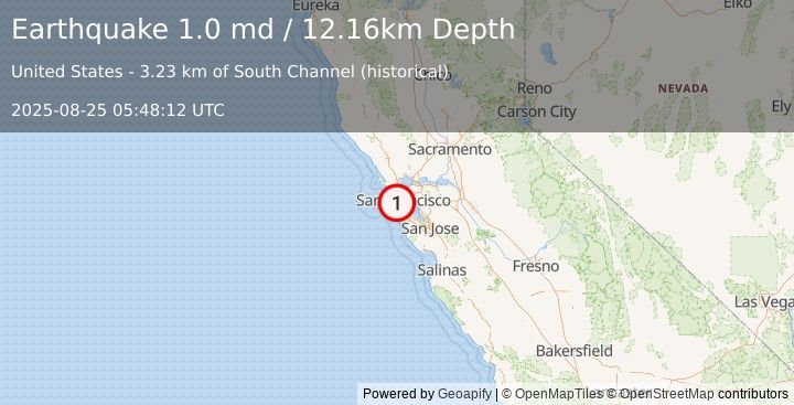 Earthquake 4 km WNW of San Francisco Zoo, CA (1.0 md) (2025-08-25 05:48:12 UTC)