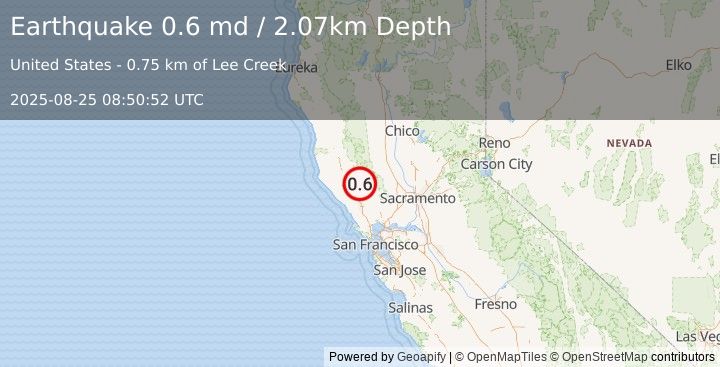 Earthquake 4 km WNW of Cobb, CA (0.6 md) (2025-08-25 08:50:52 UTC)