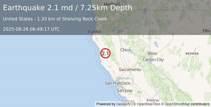 Earthquake 9 km NE of Brooktrails, CA (2.1 md) (2025-08-26 06:49:17 UTC)