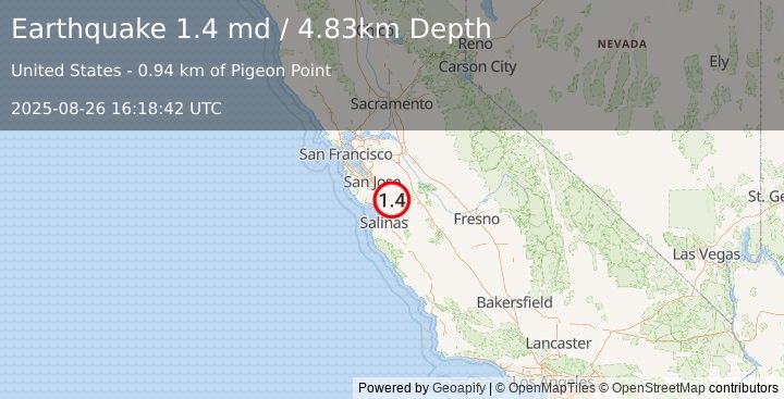 Earthquake 8 km ENE of Gilroy, CA (1.4 md) (2025-08-26 16:18:42 UTC)