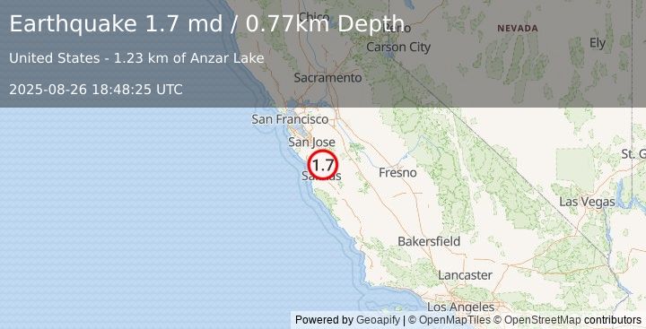Earthquake 2 km E of Aromas, CA (1.7 md) (2025-08-26 18:48:25 UTC)