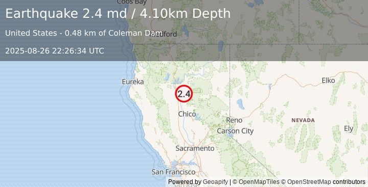 Earthquake 9 km W of Manton, CA (2.4 md) (2025-08-26 22:26:34 UTC)