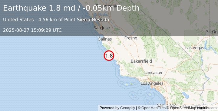 Earthquake 17 km WNW of San Simeon, CA (1.8 md) (2025-08-27 15:09:29 UTC)