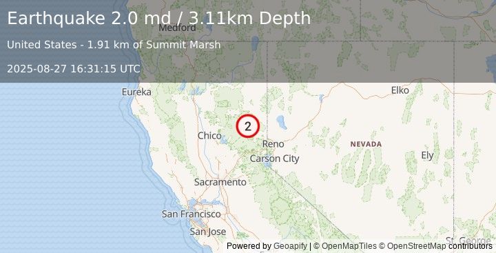Earthquake 12 km NE of Cromberg, CA (2.0 md) (2025-08-27 16:31:15 UTC)