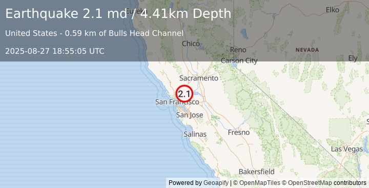Earthquake 3 km ENE of Martinez, CA (2.1 md) (2025-08-27 18:55:05 UTC)