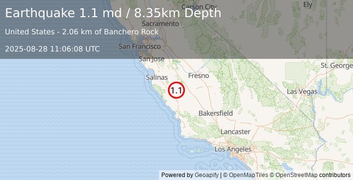 Earthquake 24 km E of San Lucas, CA (1.1 md) (2025-08-28 11:06:08 UTC)