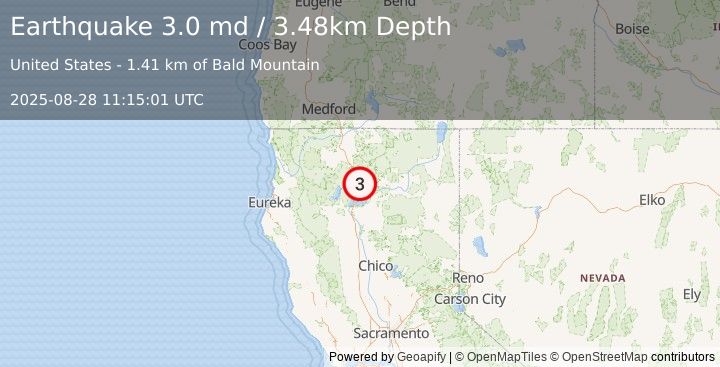 Earthquake 14 km SSE of Dunsmuir, CA (3.0 md) (2025-08-28 11:15:01 UTC)