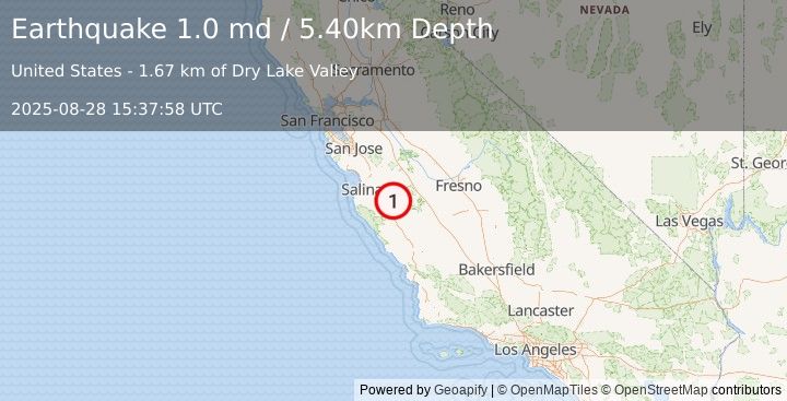 Earthquake 6 km SE of Pinnacles, CA (1.0 md) (2025-08-28 15:37:58 UTC)