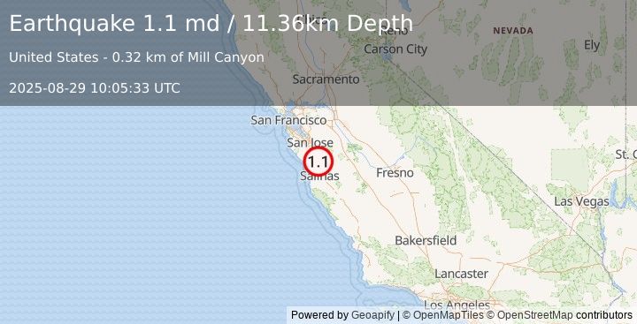 Earthquake 5 km ESE of Interlaken, CA (1.1 md) (2025-08-29 10:05:33 UTC)