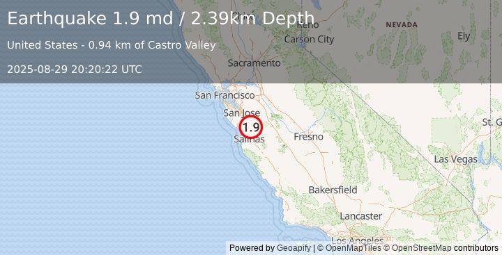 Earthquake 6 km SW of Gilroy, CA (1.9 md) (2025-08-29 20:20:22 UTC)