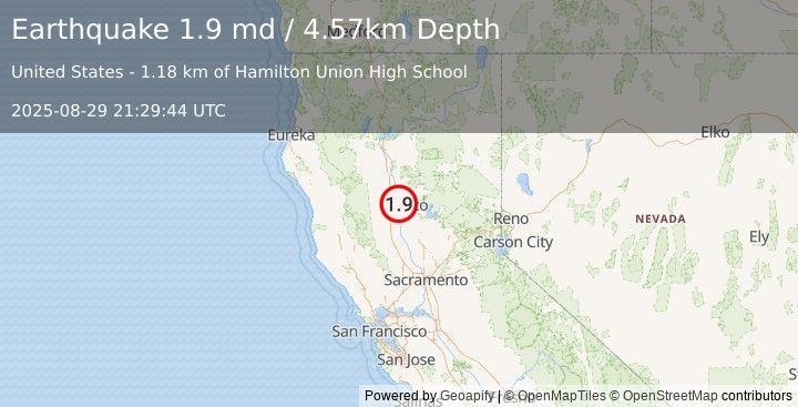 Earthquake 2 km WNW of Hamilton City, CA (1.9 md) (2025-08-29 21:29:44 UTC)