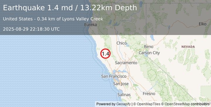 Earthquake 11 km ESE of Talmage, CA (1.4 md) (2025-08-29 22:18:30 UTC)