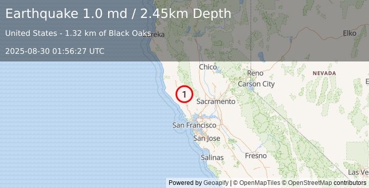 Earthquake 9 km NW of The Geysers, CA (1.0 md) (2025-08-30 01:56:27 UTC)