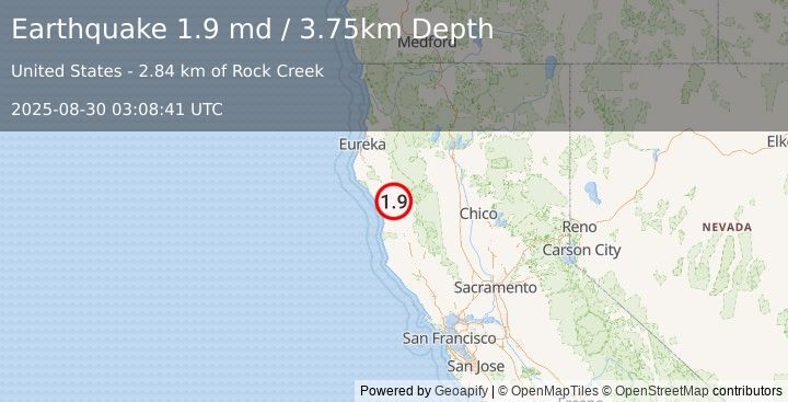 Earthquake 26 km N of Laytonville, CA (1.9 md) (2025-08-30 03:08:41 UTC)