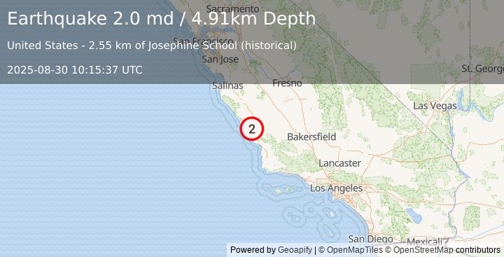 Earthquake 15 km NNE of Cayucos, CA (2.0 md) (2025-08-30 10:15:37 UTC)
