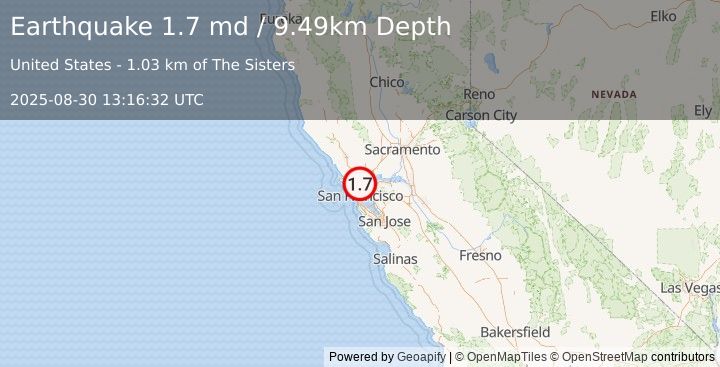 Earthquake 8 km WNW of San Pablo, CA (1.7 md) (2025-08-30 13:16:32 UTC)