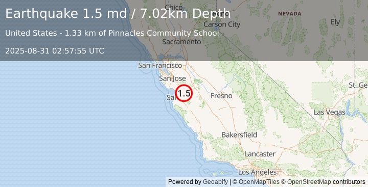 Earthquake 3 km W of Ridgemark, CA (1.5 md) (2025-08-31 02:57:55 UTC)